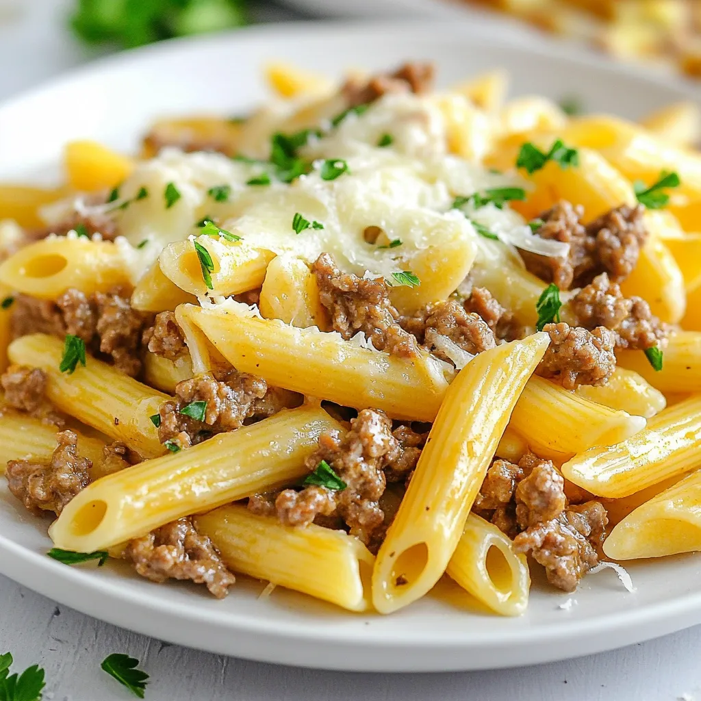 Cheesy Penne with Garlic Beef Deliciously Creamy Dish